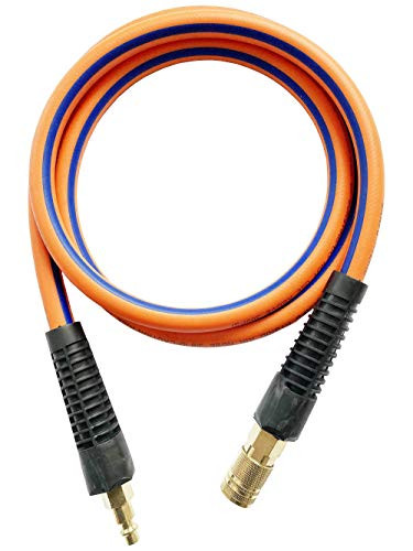 SANFU Hybrid PVC/Rubber Lead-in Air Hose 3/8ID x 6ft, 300PSI Durable, Lightweight, with 1/4 Industrial Quick Brass Coupler and Plug, Bend Restrictors, Orange(6')