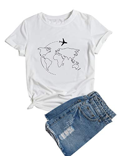 Romwe Women's Casual Graphic Printed Short Sleeve Round Neck T Shirt Top White L