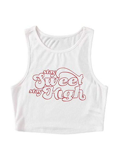 WDIRARA Women's Letter Print Round Neck Rib Knit Crop Tank Top Sleeveless Top White S