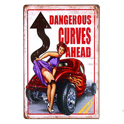 dingleiever DL-Dangerous Curves Legends, Tin Sign 8" X 12" Hot Rod, Man Cave/Man Cave