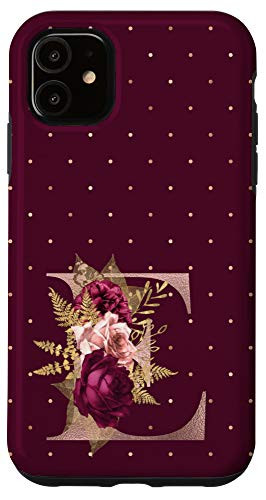 iPhone 11 Maroon floral Initial Letter E monogram blush flowers Case