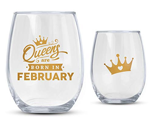Bad Bananas Queens Are Born In February - Birthday Gifts For for Pisces or Aquarius Zodiac Signs - 21 oz Stemless Wine Glass with Metallic Gold Ink
