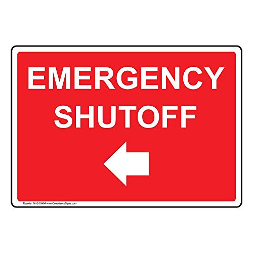 Emergency Shutoff (with Left Arrow) Label Decal, 7x5 inch Glow-in-Dark Vinyl for Emergency Response by ComplianceSigns
