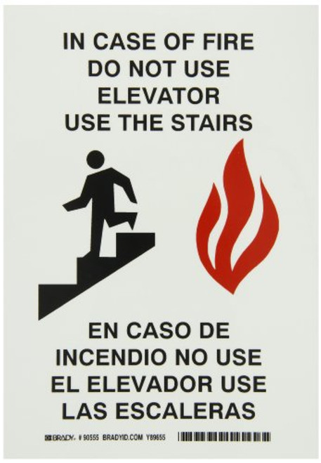 Brady 90555 Glow-In-The-Dark Self-Stick Polyester Glow-In-The-Dark Exit  and  Directional Sign, 10" X 7", Legend "In Case Of Fire Do Not Use Elevator Use The Stairs/En Caso De Incendio No Use El Elevador Use Las Escaleras (with Picto)"