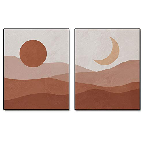 Boho Sun and Moon Art Print, Terracotta Wall Decor, Abstract Landscape, Minimal Decor, Mid Century Modern Wall Art, Abstract Art Print, Set of 2 Prints - 8x10 inch - No Frame