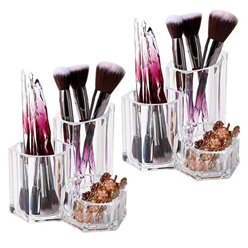 Jucoan 2 Pack Acrylic Makeup Brush Holder, 3 Slot Clear Cosmetic Brushes Storage Cups Lipstick Organizer for Desktop, Bathroom, Vanity