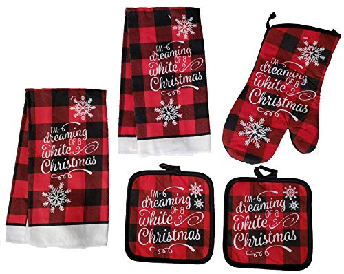 Christmas Themed Red Buffalo Check Kitchen Linen Set - Towels, Potholders and Oven Mitt (I'm Dreaming of A White Christmas)