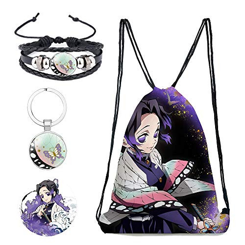 Demon Slayer Drawstring Bag Gift Set: Demon Slayer Kimetsu No Yaiba Gift Set for Anime Fans Include 1 Backpack 1 Buttons 1 Keychain and 1 Bracelet (Color I-3)