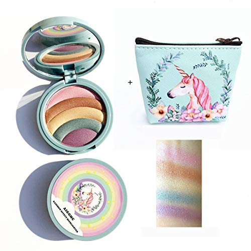 5 Color Rainbow Shimmer Glow Highlighter Powder-Blusher Bronzer Highlighter Powder Kit With Unicorn Cosmetic Bag