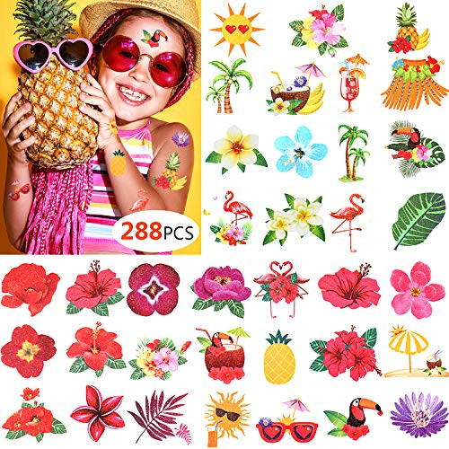 288 Pieces Summer Party Temporary Tattoos Assorted Tropical Luau Tattoo Stickers Hibiscus/Flamingo for Kids Pool Party Favors Beach Party Decoration Supplies