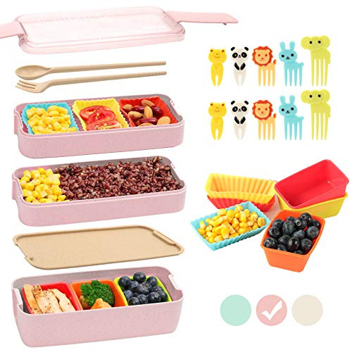 Bento Box for Kids with Silicone Cupcake Baking Cups  and  Food Picks for Kids,3-In-1 Compartment Lunch Box, Wheat Straw, Eco-Friendly Bento Lunch Box with Dividers Meal Prep Containers for Kids (Pink)
