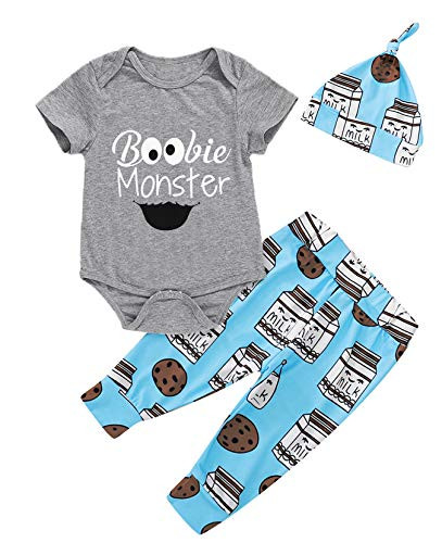 Dramiposs Baby Boy Funny Monster Outfits Newborn Coming Home Bodysuit with Hat (Gray-Short, 6-12 Months)