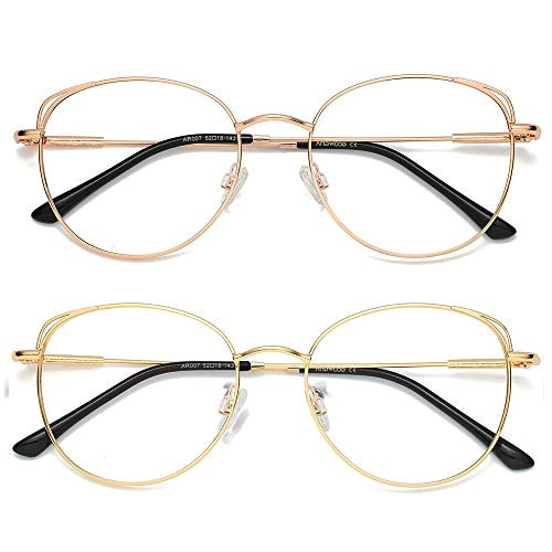 Blue Light Blocking Glasses Women Cat Eye Computer Eyeglasses Metal Frame Hipster 2 Pack Rose Gold  and  Gold ANDWOOD