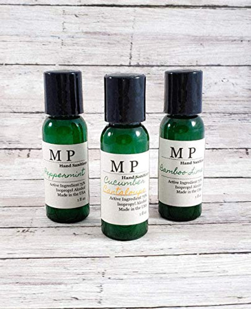 Scented Hand Sanitizers 75 percent Isopropyl Alcohol Sanitizer Made with alcohol Peppermint Bamboo lime Cucumber cantaloupe Vitamin E Aloe vera gel 3 pack travel size bottles with essential oils