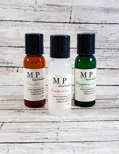 3 pk Lavender Vanilla Peppermint scented Hand Sanitizers 75 percent Isopropyl Alcohol Moisturizing Sanitizer Made with alcohol Vitamin E Aloe vera gel travel size bottles with essential oils