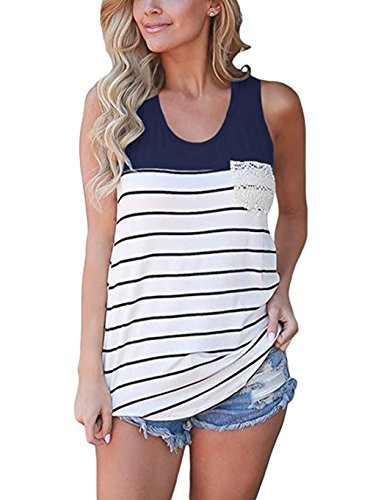 Hount Womens Round Neck Striped Tank Top Loose Fit Summer Casual Cami Top Shirt (Large, Navy Blue)