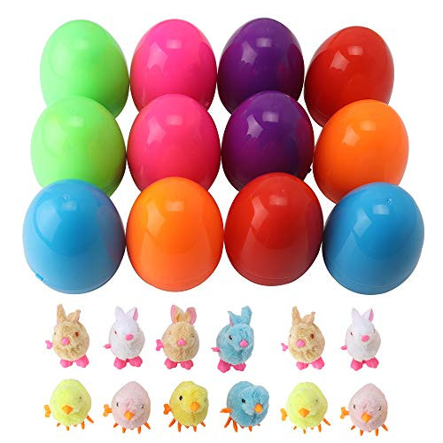 Acrice 12 Pack Easter Eggs Toy Filled with 6 Wind-Up Cute and Colorful Bunnies and Chick, Colorful Easter Plastic Eggs (12 Pack)