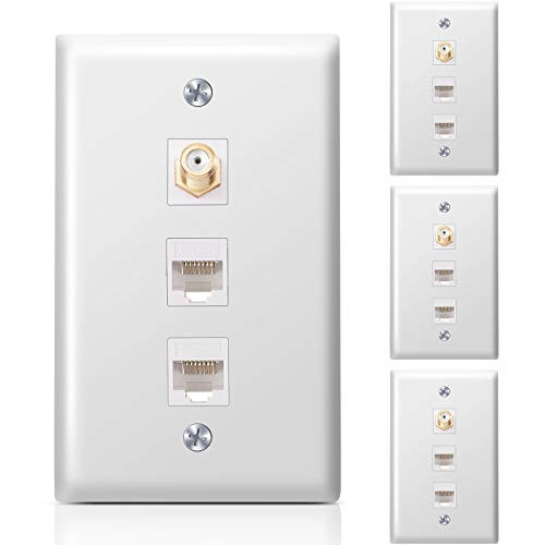 4 Pieces 2 Ethernet and 1 Coax Wall Plate Coax Cat6 Wall Plate 2 Ethernet Port and 1 F-Type Port Coax Cable Connector for TV Light Cable Outlet (White)