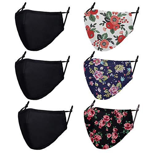 6 PCS Cloth Face Masks Washable Reusable - Adjustable Cotton Masks Printed Mask Unisex Adult Cup Dust Safety Masks Breathable Mouth Cover for Women and Men - Floral, Black