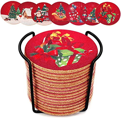 Christmas Cork Coasters with Holder, 4 inches Diameter 16pcs Set Wooden Coaster Set Absorbent Heat-Resistant Reusable Natural Round Coasters for Tabletop Protection/Cold Drinks/Bar Glass Cup Table