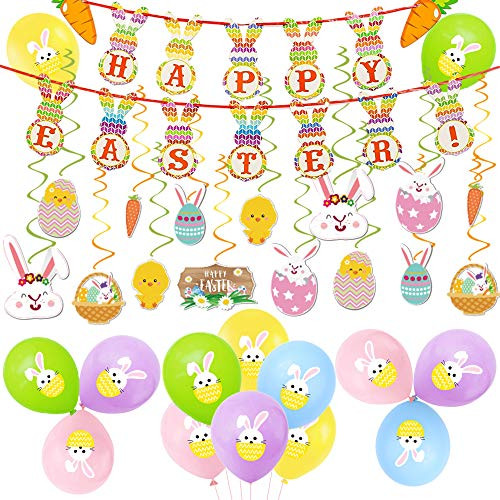 Easter Party Decorations - Included Happy Easter Banner, Easter Egg Bunny Hanging Swirl, Multicolor Rabbit Balloons, for Home Office School Easter Party Supplies