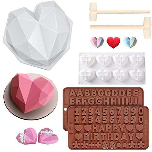 3D Diamond Heart Shape Silicone Cake Mold Tray with 8 Cavities Chocolate Mousse Baking Pan Non-stick Fondant Mold, Letter and Number Chocolate Molds  and  Wooden Hammers for Valentine Chocolate Making
