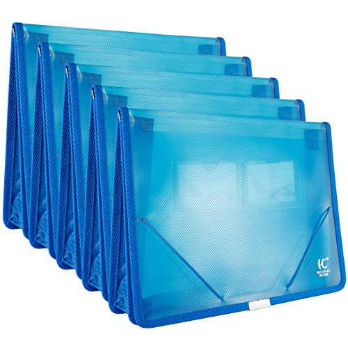 A4 Plastic Wallet File Folders, Expandable Poly Envelope File Wallet Document Folder with Elastic Cord Closure and Card Slot, Waterproof Office Home School File Organization (Blue, 5 Pack)