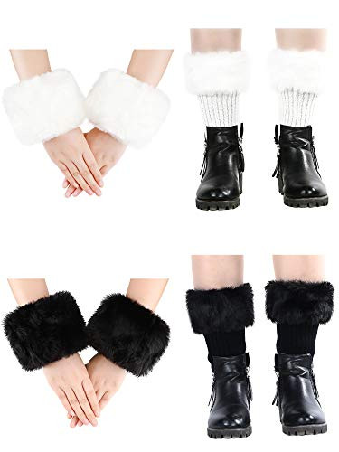 4 Pairs Women Faux Fur Trim Boot Cuff Short Furry Cuff Top Cover Leg Warmer and Wrist Warmer Set, Black and White