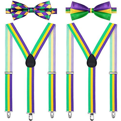 4 Pieces Mardi Gras Suspender Bow Tie Set Clip Y Shape Braces Suspenders and Bowtie Adjustable Costume Suspenders Shoulder Straps for Mardi Gras Carnival Cosplay Party