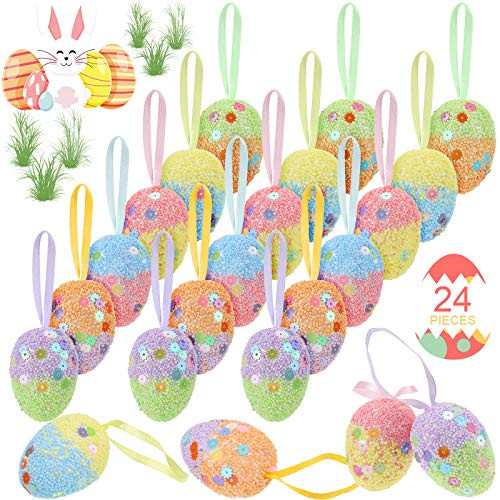 Skylety 24 Pieces Colorful Foam Easter Hanging Egg Ornaments Painted Hanging Easter Decorations