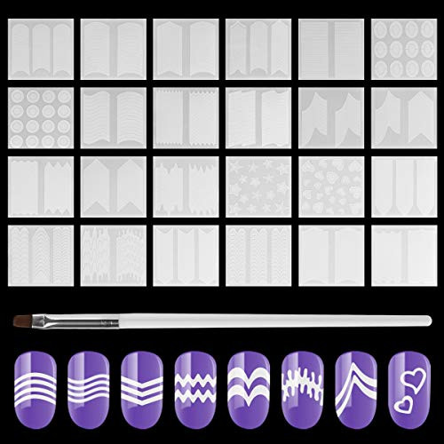 24 Sheets French Manicure Nail Stickers with 1 Pcs Nail Brush, French Nail Art Tips Guides for DIY Decoration Stencil Tools Different Shapes Cleaning Guides Stickers Set 24 Sheets French Manicure Nail Stickers with 1 Pcs Nail Brush, French Nail Art Tips Guides for DIY Decoration Stencil Tools Different Shapes Cleaning Guides Stickers Set