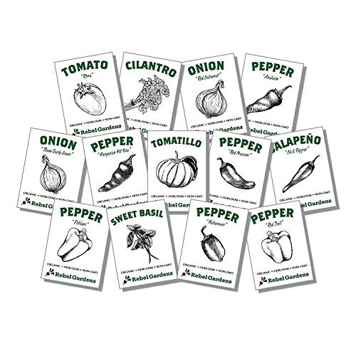 Organic Salsa Garden Seed Kit - 13 Varieties of Heirloom Non-GMO Vegetable Herb and Pepper Seeds - Tomatoes, Tomatillo, and Onions
