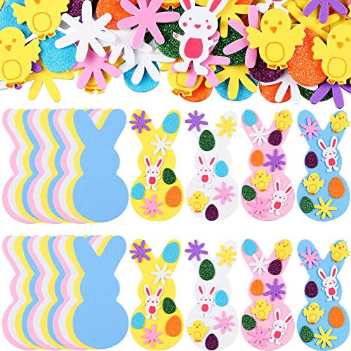 264 Pieces Easter Foam Stickers Set Large Easter Egg Bunnies Foam Shaped Glitter Self-Adhesive Easter Sticker Bunny Stickers for Kids Crafts Party Favors Supplies