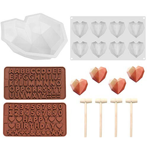 LABOTA Diamond Heart Shape Silicone Cake Mold Chocolate Heart Mousse Cake Mold Tray Chocolate Mousse Dessert Baking Pan Silicone Letter Mold and Number Chocolate Mold with 4 Pcs Wooden Hammers LABOTA Diamond Heart Shape Silicone Cake Mold Chocolate Heart Mousse Cake Mold Tray Chocolate Mousse Dessert Baking Pan Silicone Letter Mold and Number Chocolate Mold with 4 Pcs Wooden Hammers