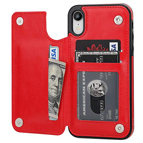 OT ONETOP iPhone XR Wallet Case with Card Holder, Premium PU Leather Kickstand Card Slots Case,Double Magnetic Clasp and Durable Shockproof Cover for iPhone XR 6.1 Inch(Red)