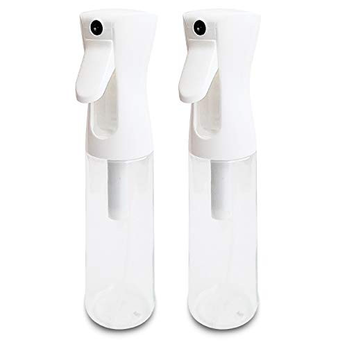 Continuous Spray Bottle Ultra Fine Hair Mister Sprayer, 360 Mist Spray Bottle 10 ounces Clear Empty Bagless Refillable, Water Misting Spray for Hair, Cleaning, Plants with White Trigger (Pack of 2)
