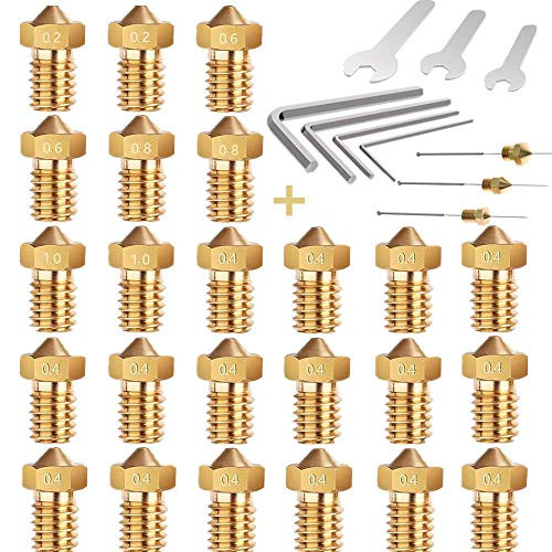 E3D Nozzles, BigcaseTech 24 PCS M6 Brass Nozzles Extruder Print Head Hotend(0.2mm,0.4mm,0.6mm,0.8mm,1.0mm) for 1.75mm Filament E3D V5-V6 3D Printer with 5xNeedles 3xSpanners 36Pack (E3D V5-V6 Nozzles)