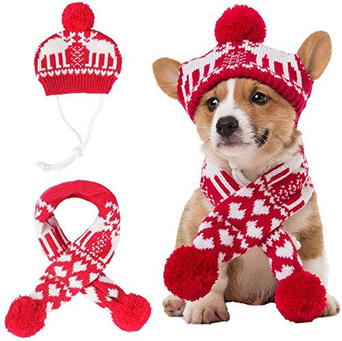 BINGPET Pet Dog Christmas Costume Xmas Reindeer Scarf and Hat Set Party Accessories Knit for Pet from Small to Large