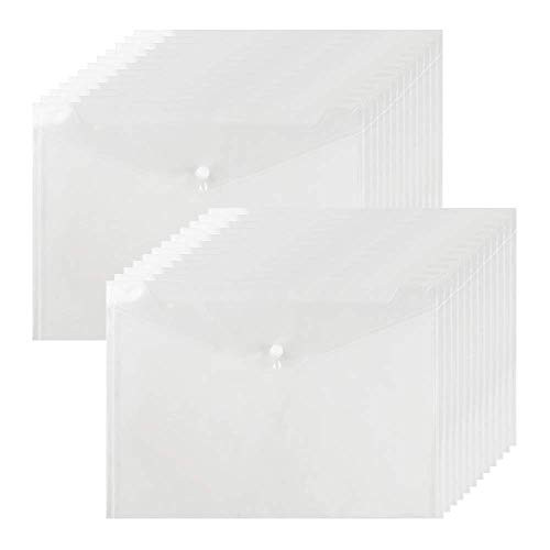 24 Pack File Folders, EKVINOR Plastic Envelope Folder A4 Size Water Resistant Clear Transparent Document Folder with Snap Button for School Home Work Office Supplies