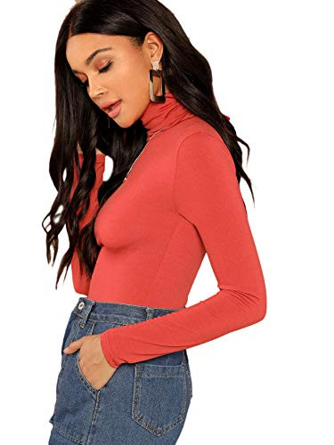 Floerns Women's Long Sleeve Slim Fit Turtleneck Basic T-Shirts Orange Red L