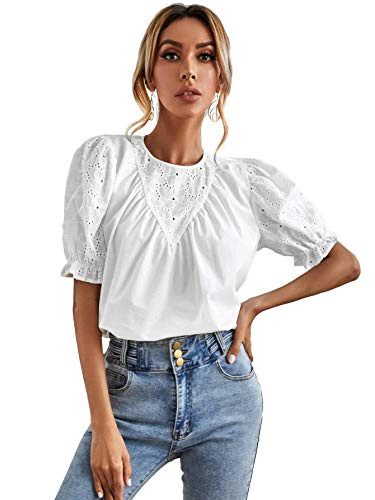 Romwe Women's Casual Round Neck Embroidery Puff Short Sleeve T Shirt Blouse Tops White L