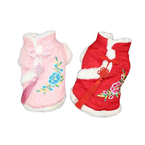 DELIFUR Dog Tang Costume with Peony Pattern Pet Winter Coat Happy New Year Qipao Costume Tang Dynasty Cat Dress for Schnauzer Teddy French Bulldog (L, Pink)