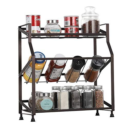 LIANTRAL Spice Rack, 3 Tiers Spice Rack Organizer Freestanding Kitchen Metal Spice Holder Storage for Cabinet Pantry Countertop (Bronze)