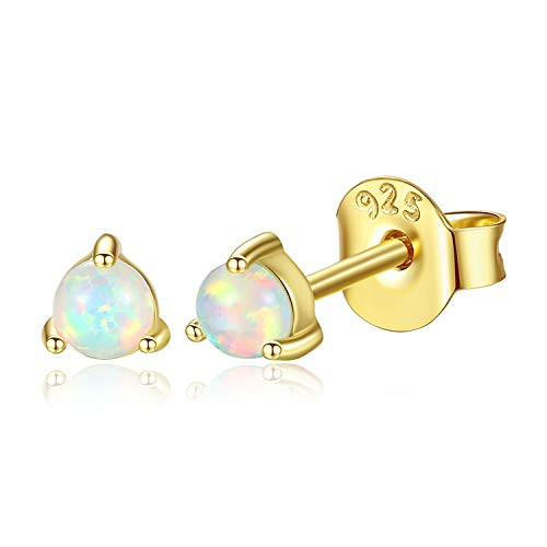 Spoil Cupid 14K Gold Plated 925 Sterling Silver 3mm Round White Opal Stud Earrings for Women