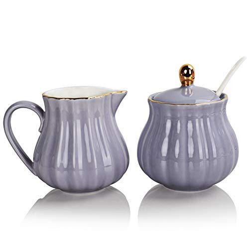 SWEEJAR Royal Ceramic Sugar and Creamer Set, 3 Piece Set with Cream Pitcher, Sugar Bowl, Sugar Set with Lid  and  Spoon, Coffee Serving Set Wedding Gift(Purple)