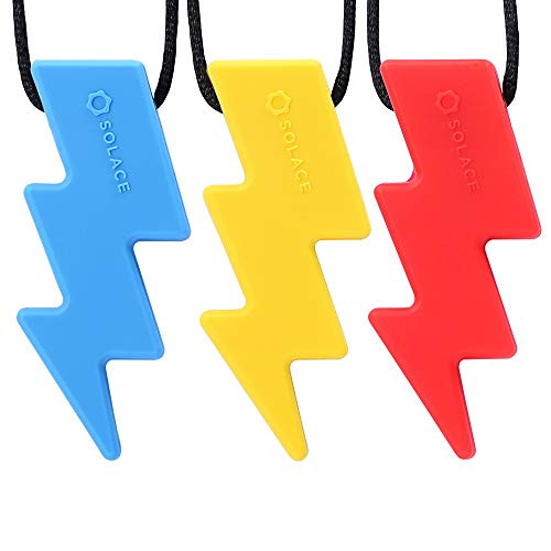 Chewelry Chew Necklace for Boys  and  Girls - Sensory Chew Necklaces for Kids ADHD Autistic Autism - Oral Motor Chewing Biting Teething Needs Chewlery - Lightning 3-Pack by Solace