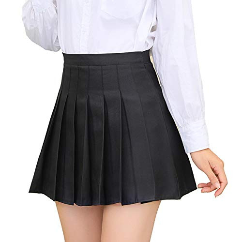 Women Sexy High Waist Plain Pleated Skirt Girl School Uniform A-line Skater Tennis Mini Skirt Lining Shorts(Black,XX-Small)