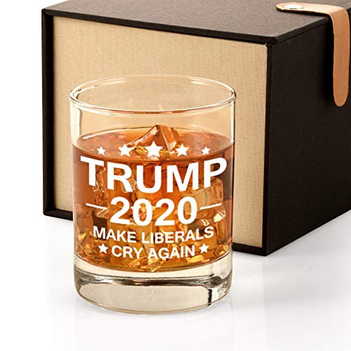 Trump 2020 Make Liberals Cry Again Whiskey Glass with Gift Box for Men, Donald Trump Presidency Re Elect, Funny Presidential Political Gift for Trump Supporters
