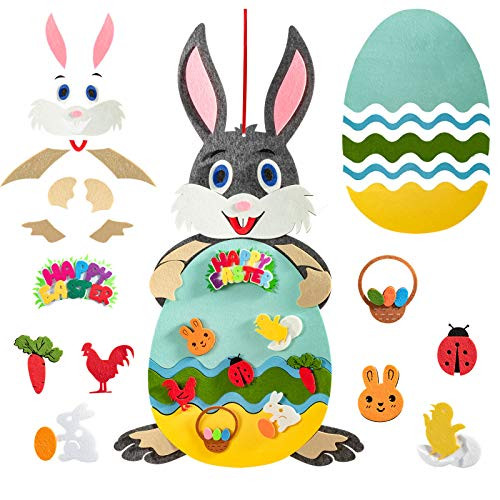 GIRLIBER Kids DIY Felt Easter Bunny Set - Wall Hanging Easter Bunny Decoration with Detachable Ornaments, Easter Felt Crafts, Easter Party Gift for Boys and Girls(Gray Bunny)