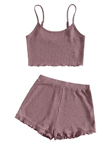 ROMWE Women's 2 Piece Pajama Set Crop Cami Tops and Shorts Lounge Set Outfit Redwood L